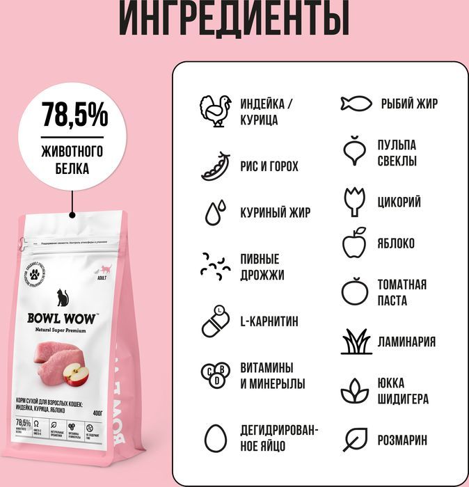 Bowl Wow корм для кошек, с индейкой, курицей и добавлением яблока