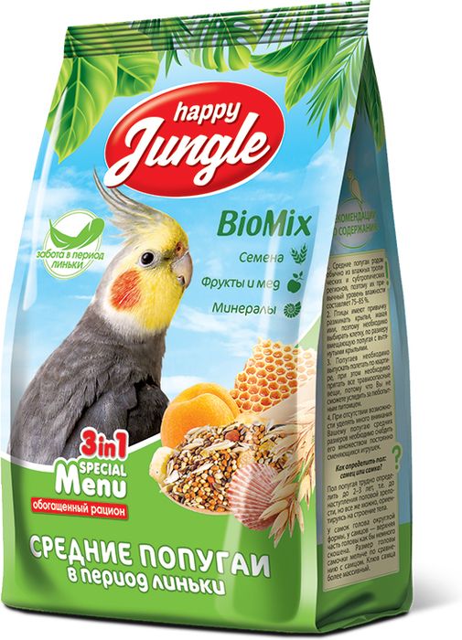 Happy Jungle корм для средних попугаев, при линьке