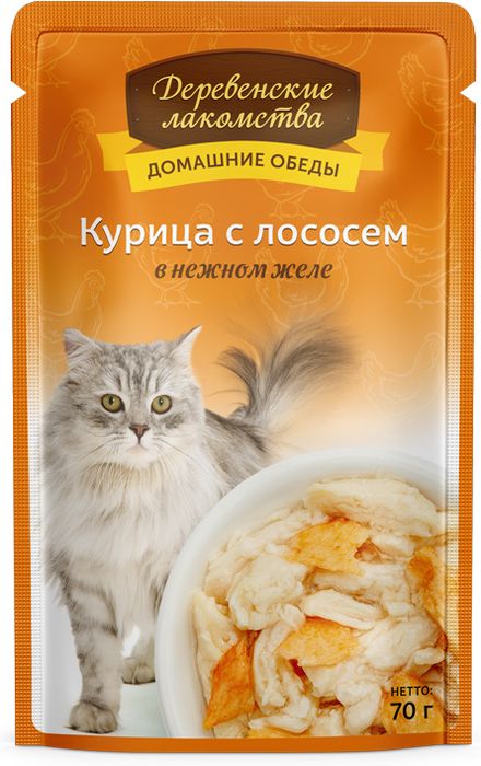 Деревенские лакомства влажный корм для взрослых кошек всех пород, курица с лососем в желе