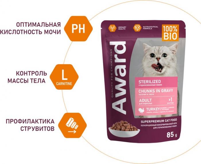 Award Sterilized влажный корм для взрослых стерилизованных кошек, кусочки в соусе с индейкой