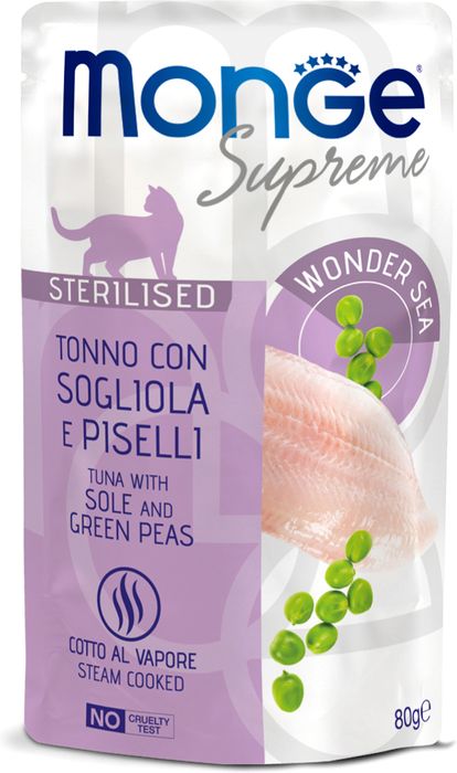 Monge Supreme Sterilized влажный корм для стерилизованных кошек, мясные кусочки с тунцом, желтоперой камбалой и зелёным горошком