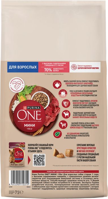 Сухой корм Purina ONE® для взрослых собак мелких и карликовых пород, с высоким содержанием говядины и с рисом