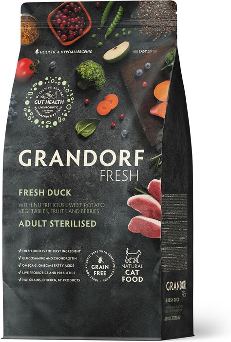 Grandorf Fresh корм для стерилизованных кошек, беззерновой, с живыми пробиотиками, свежее мясо утки с бататом