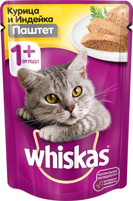 Whiskas влажный корм для кошек мясной паштет из курицы с индейкой
