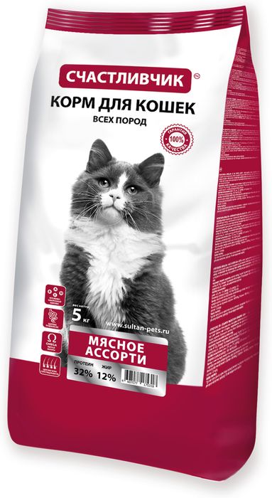 Счастливчик корм для кошек, мясное ассорти