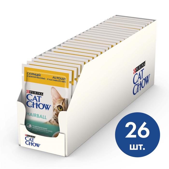 Cat Chow влажный корм для взрослых кошек, вывод комочков шерсти, курица и зеленая фасоль в соусе