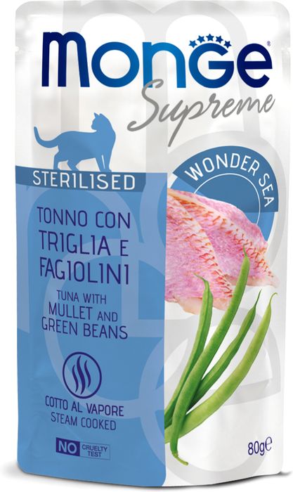 Monge Supreme Sterilized влажный корм для стерилизованных кошек, мясные кусочки с кефалью и зелёной фасолью