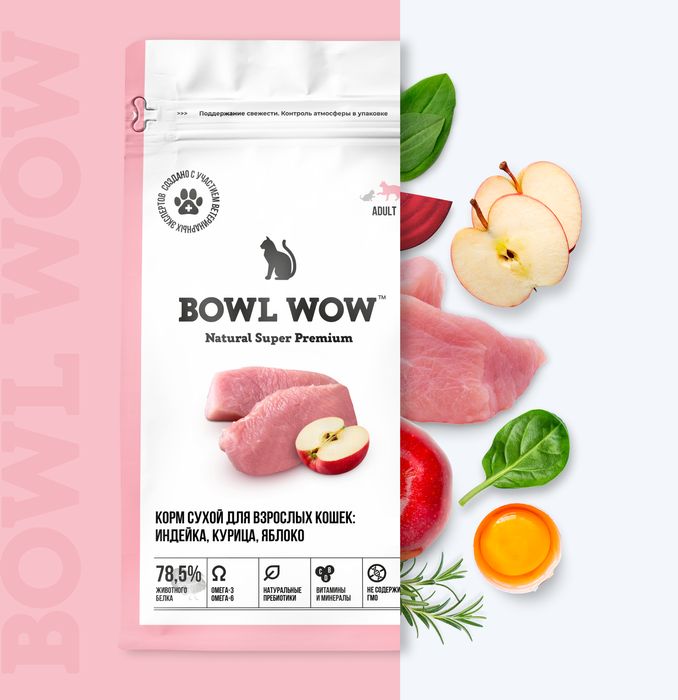 Bowl Wow корм для кошек, с индейкой, курицей и добавлением яблока