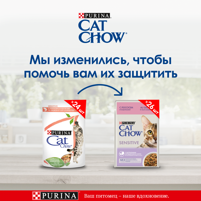 Cat Chow влажный корм для взрослых кошек, чувствительное пищеварение, лосось и кабачки в соусе