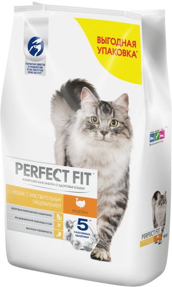 Perfect Fit корм для взрослых кошек всех пород, чувствительное пищеварение, индейка