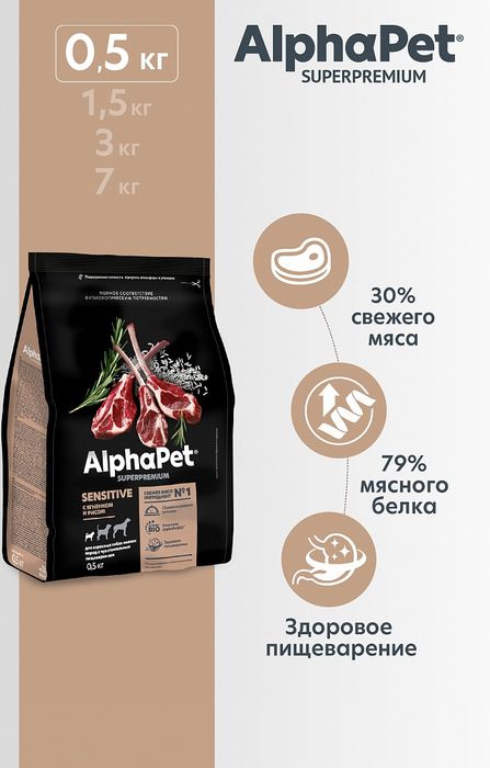 AlphaPet корм для собак малых пород, с чувствительным пищеварением, с ягненком и рисом