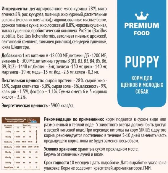 Sirius корм для щенков всех пород, ягненок и рис