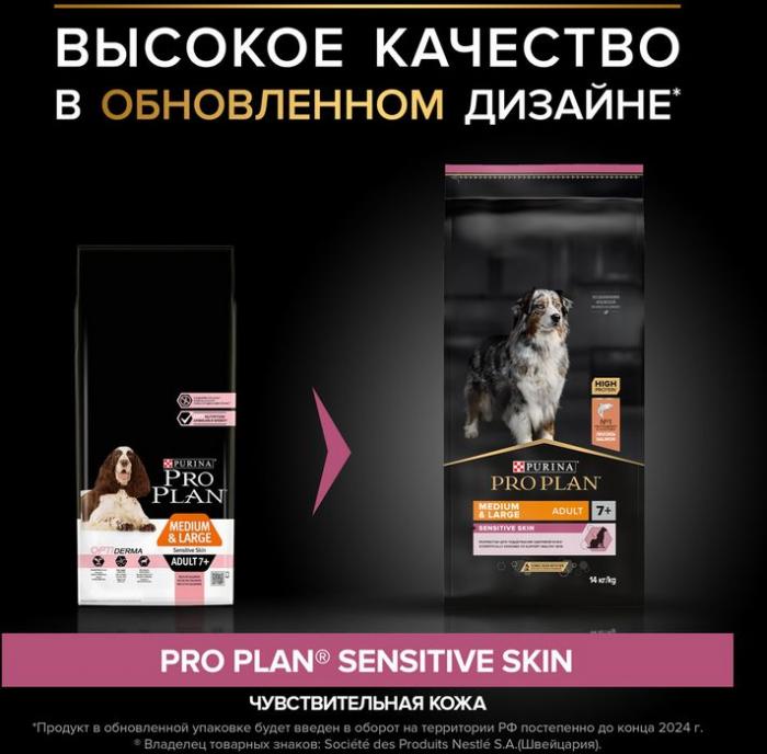 Сухой корм Pro Plan® Sensitive Skin для собак старше 7 лет средних пород с чувствительной кожей, с высоким содержанием лосося, Пакет