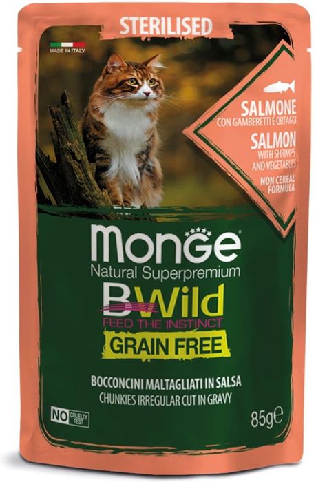 Monge Cat BWild Grain Free влажный корм для стерилизованных кошек, беззерновой, лосось с креветками
