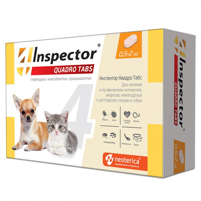 Inspector Quadro таблетки для кошек и собак весом 0,5-2 кг, от внешних и внутренних паразитов
