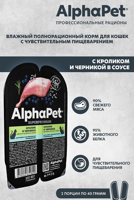 AlphaPet Superpremium влажный корм для кошек, с чувствительным пищеварением, мясные кусочки с кроликом и черникой в соусе