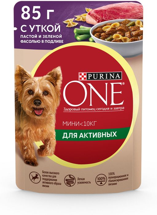 Влажный корм Purina ONE® Мини Активная для взрослых собак мелких пород с активным образом жизни, с уткой, пастой и зеленой фасолью в подливе