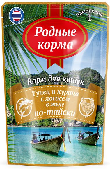 Родные Корма влажный корм для кошек, тунец и курица с лососем в желе по-тайски