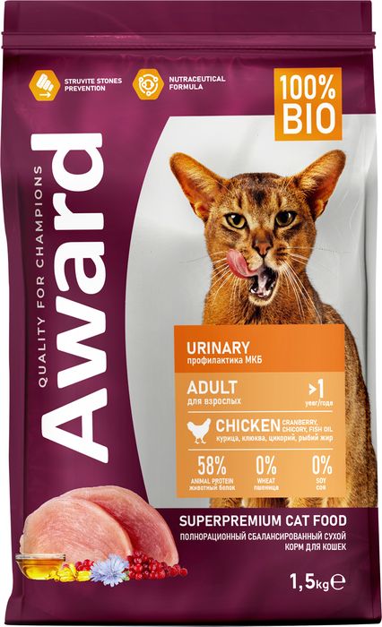 Award Urinary корм для взрослых кошек, для профилактики мочекаменной болезни, с курицей с добавлением клюквы, цикория и рыбьего жира