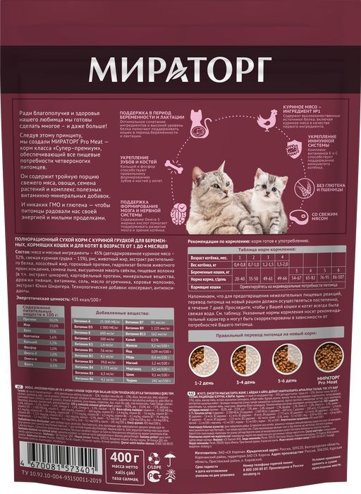 Мираторг Pro Meat корм для беременных, кормящих кошек и котят от 1 до 4 месяцев, с куриной грудкой