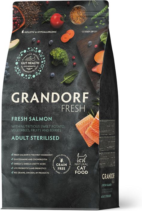 Grandorf Fresh корм для стерилизованных кошек, беззерновой, с живыми пробиотиками, свежее филе лосося с бататом