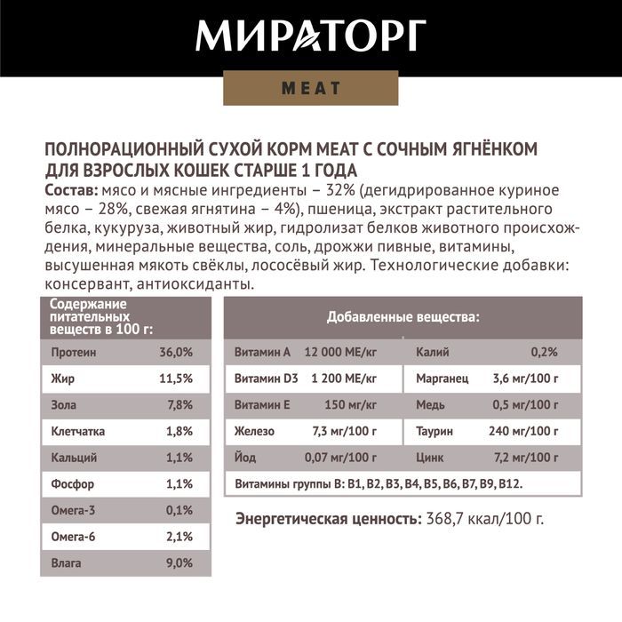 Мираторг Meat корм для кошек, с сочным ягненком