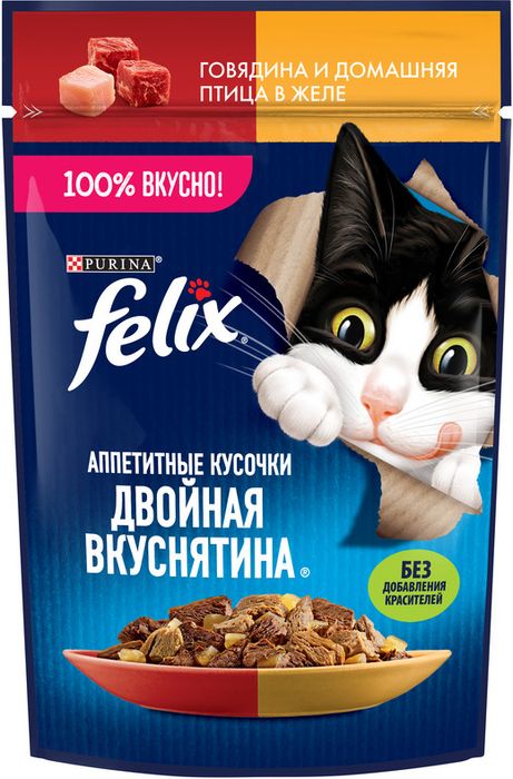 Влажный корм Felix® Аппетитные кусочки, Двойная вкуснятина для взрослых кошек, с говядиной и домашней птицей, в желе