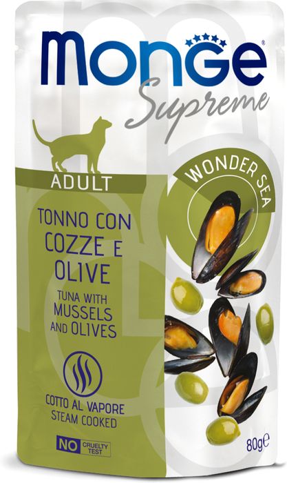 Monge Supreme Adult влажный корм для кошек, мясные кусочки с тунцом, мидиями и оливками