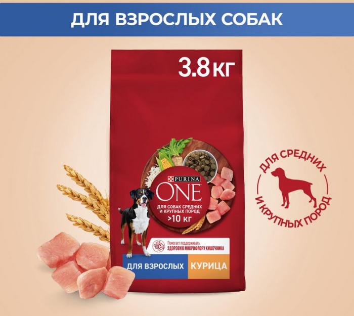 Сухой корм Purina ONE® для взрослых собак средних и крупных пород, с высоким содержанием курицы и рисом