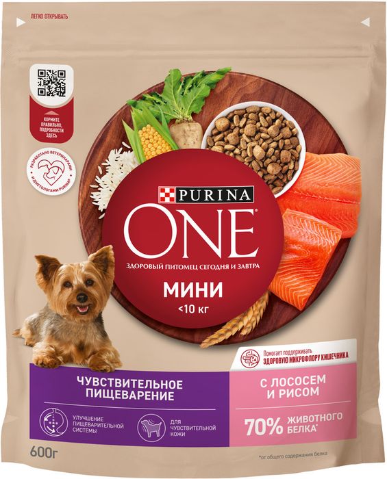 Сухой корм Purina ONE® Мини Чувствительная для взрослых собак мелких пород с чувствительным пищеварением, с лососем и рисом