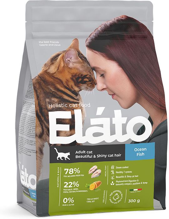 Elato Holistic корм для взрослых кошек, для красивой и блестящей шерсти, с рыбой