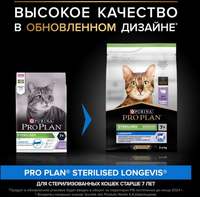 Сухой корм Pro Plan® Sterilised Longevis® для стерилизованных кошек старше 7 лет, с высоким содержанием индейки
