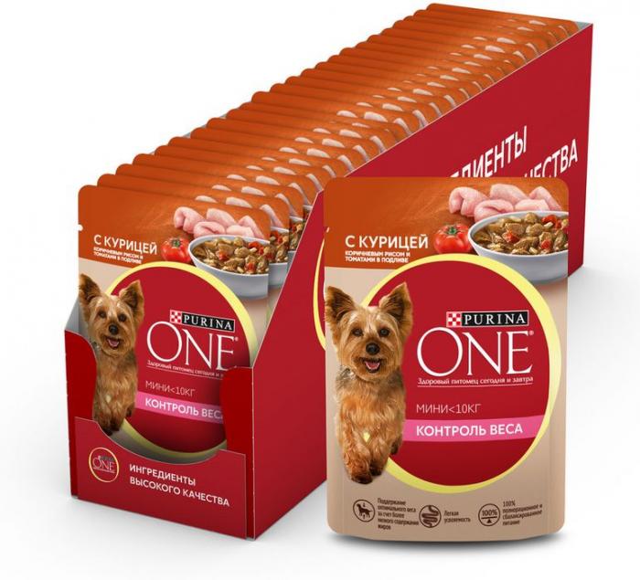Влажный корм Purina ONE® Мини Контроль веса для взрослых собак мелких пород, с курицей, коричневым рисом и томатами в подливе