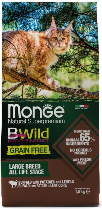 Monge Cat BWild Grain Free корм для взрослых кошек крупных пород, беззерновой, мясо буйвола