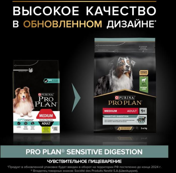 Сухой корм Pro Plan® Sensitive Digestion для взрослых собак средних пород с чувствительным пищеварением, с высоким содержанием ягненка