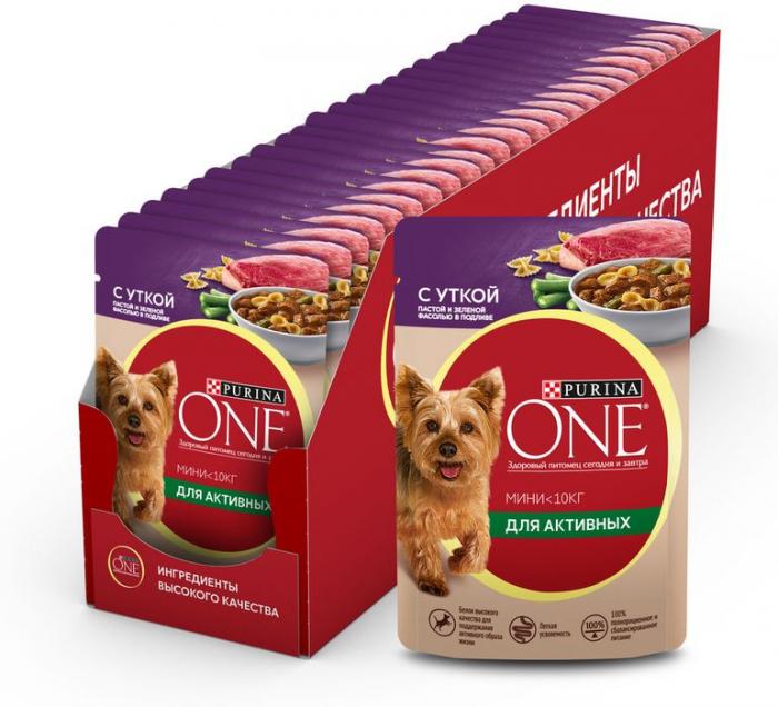 Влажный корм Purina ONE® Мини Активная для взрослых собак мелких пород с активным образом жизни, с уткой, пастой и зеленой фасолью в подливе