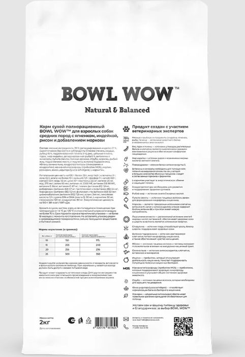 Bowl Wow корм для собак средних пород, с ягненком, индейкой, рисом и добавлением моркови