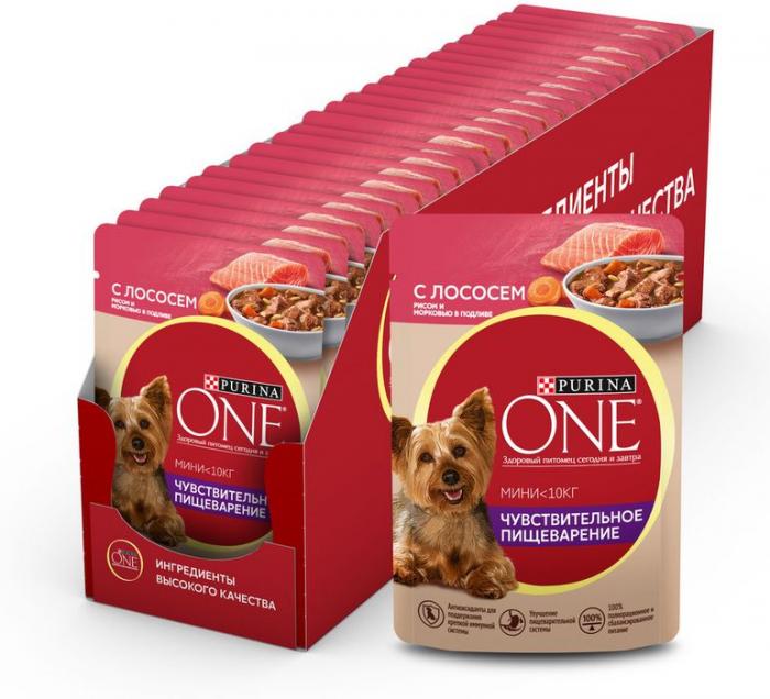 Влажный корм Purina ONE® Мини Чувствительное пищеварение для взрослых собак мелких пород с чувствительным пищеварением, с лососем, рисом и морковью в подливе