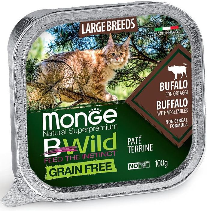 Monge Cat BWild Grain Free влажный корм для кошек крупных пород, беззерновой, паштет, мясо буйвола