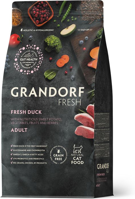 Grandorf Fresh корм для кошек, беззерновой, с живыми пробиотиками, свежее мясо утки с бататом