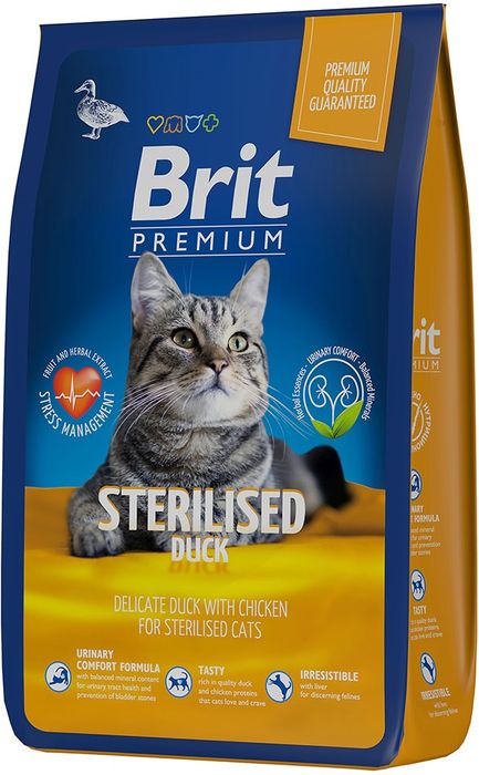 Brit Premium сухой корм для взрослых стерилизованных кошек, с уткой и курицей