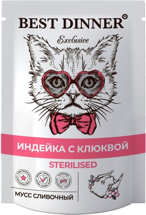 Best Dinner влажный корм для стерилизованных кошек, мусс сливочный, индейка и клюква