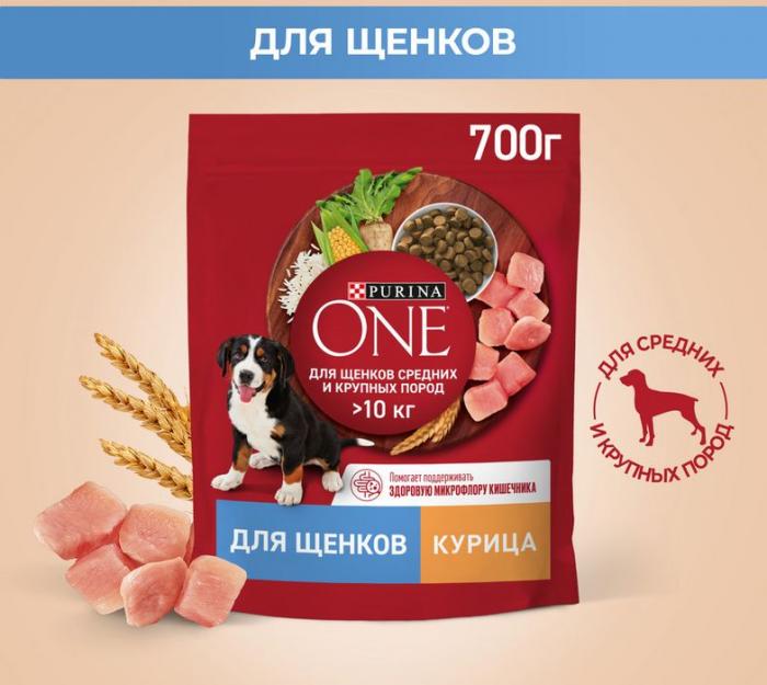 Сухой корм Purina ONE® для щенков средних и крупных пород, с высоким содержанием курицы и с рисом