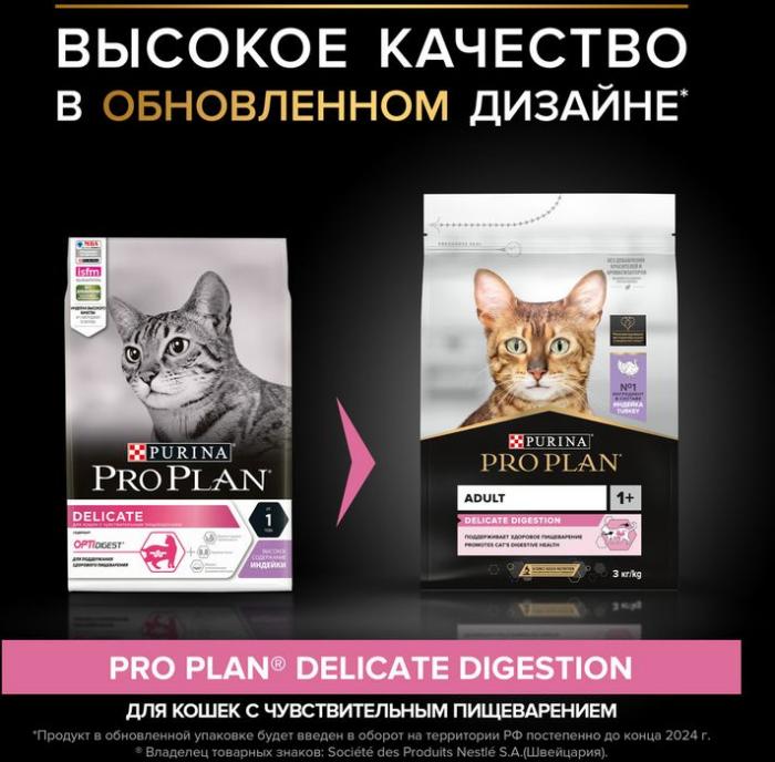 Сухой корм Pro Plan® Delicate Digestion для взрослых кошек с чувствительным пищеварением, с высоким содержанием индейки