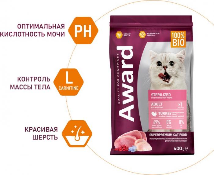 Award Sterilized корм для взрослых стерилизованных кошек, с индейкой и курицей, с добавлением клюквы и цикория