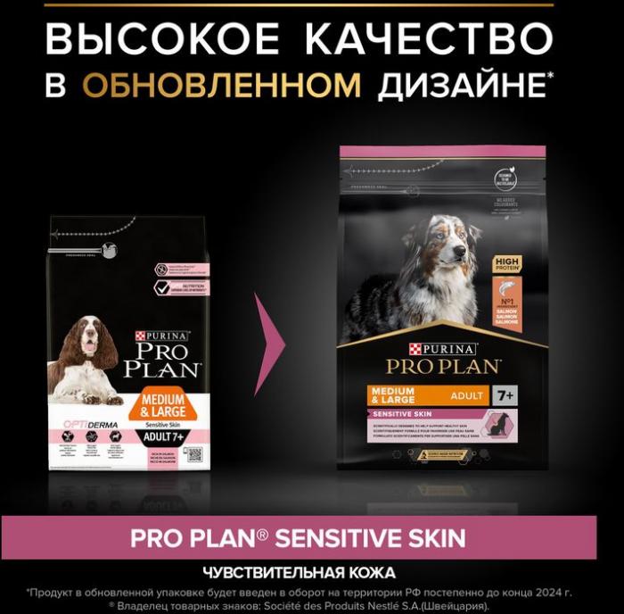 Сухой корм Pro Plan® Sensitive Skin для собак старше 7 лет средних пород с чувствительной кожей, с высоким содержанием лосося, Пакет