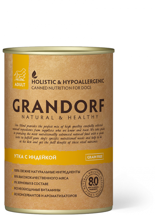 Grandorf консервы для собак с уткой и индейкой