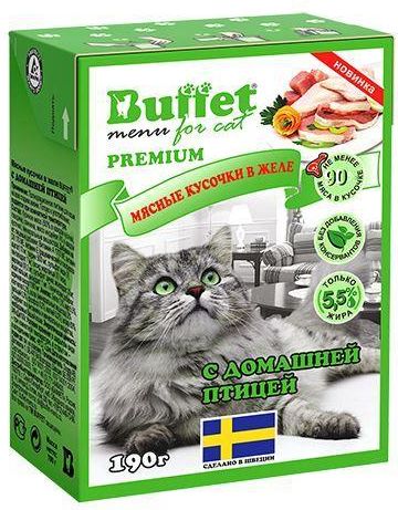 Buffet влажный корм для взрослых кошек всех пород, кусочки в желе с домашней птицей