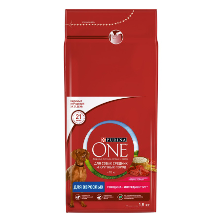 Сухой корм Purina ONE® для взрослых собак средних и крупных пород, с высоким содержанием говядины и с рисом