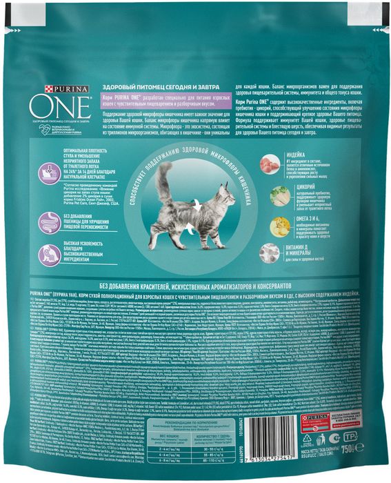 Сухой корм Purina ONE® полнорационный для взрослых кошек с чувствительным пищеварением и разборчивым вкусом в еде, с высоким содержанием индейки